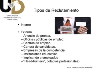 Interno Externo Anuncio de prensa. Oficinas públicas de empleo. Centros de empleo. Cartera de candidatos.  Empresas de la competencia. Instituciones educativas. Implicando a empleados “ Head-hunters”, colegios profesionales) Tipos de Reclutamiento 