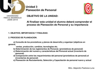 Unidad 3  Planeaciòn de Personal OBJETIVO DE LA UNIDAD:  Al finalizar esta unidad el alumno deberá comprender el proceso de Planeaciòn de Personal y su importancia 1. OBJETIVO, IMPORTANCIA Y FINALIDAD. 2. PROCESO DE PLANEACION. a) Consulta de los pronósticos y planos de desarrollo y organizar (objetivos en general, ventas, producción, cambios, tecnologías etc. b) Determinación de los reglamentos de Personal, (pronósticos de personal) c) Determinación del numero y características del Personal actual (inventario de personal) d) Comparación entre los requerimientos del personal (pronósticos de personal) al  (inventarios de personal) e) Planeaciòn de Reclutamiento, Selección y Capacitación de personal nuevo y actual 