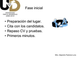 Preparación del lugar. Cita con los candidatos. Repaso CV y pruebas. Primeros minutos. Fase inicial 