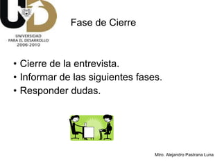 Cierre de la entrevista. Informar de las siguientes fases. Responder dudas. Fase de Cierre 