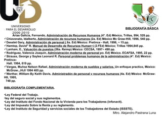 BIBLIOGRAFÍA BÁSICA Arias Galicia, Fernando,  Administración de Recursos Humanos  (4°. Ed) México, Trillas, 994, 528 pp. Chiavenato, Idalberto,  Administración de recursos humanos  (2a.  Ed) México Mc Graw­HiII, 1996, 540 pp. Desslet Gary,  Administración de personal (  6a. Ed) México: Pretince - Hall, 1996, ~ 15 pp. Hamtop, David" R.  Manual de Desarrollo de Recursos Human~i  (2.f'Ed) México; Trillas 1994,845 pp. Lanham, E.,  Valuación de puestos  (26a. Reimp) México: CECSA, 1997~ 490 pp. Rodríguez, Valencia Joaquín,  Administración moderna de personal  po. Ed) México. ECAFSA, 1995, 22 pp. Strauss, George y Sayles Leonard R.  Personal problemas humanos de la administración  (4°. Ed) México: Pretince- Hall. 1994, 619 pp. Vargas, Muñoz Nelson Rafael,  Administración moderna de sueldos y salarios.  Un enfoque practico, México: McGraw..,HiJl 1994 405 pp. Werther, William By Keith Davis,  Administradón de personal v recursos humanos  (4a. Ed) México: McGraw-HII, 1995, 748 pp. BIBLIOGRAFÍA COMPLEMENTARIA . Ley Federal del Trabajo. ley del seguro social y sus reglamentos. Ley del Instituto del Fondo Nacional de la Vivienda para los Trabajadores (infonavit). Ley del Impuesto Sobre la Renta y su reglamento. Ley del Instituto de Seguridad y servicios sociales de los Trabajadores del Estado {ISSSTE). 