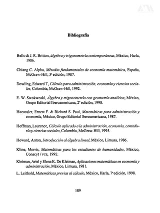 Bibliografía
Bello & J. R. Britton, álgebray trigonometría contemporáneas, México, Haría,
1986.
Chiang C. Alpha, Métodosfundamentales de economía matemática, España,
McGraw-Hill, 3a
edición, 1987.
Dowling, Edward T, Cálculopara administración,economíay cienciassocia-
les,Colombia, McGraw-Hill, 1992.
E. W. Swokwoski, Algebray trigonometríacon geometría analítica, México,
Grupo Editorial Iberoamericana, 2a
edición, 1998.
Haeussler, Ernest F. & Richard S. Paul, Matemáticaspara administración y
economía,México, Grupo Editorial Iberoamericana, 1987.
Hoffman, Laurence, Cálculoaplicadoa laadministración, economía, contadu-
ríay cienciassociales,Colombia, McGraw-Hill, 1995.
Howard, Antón, Introducciónal álgebralineal,México, Limusa, 1986.
Kline, Morris, Matemáticas para los estudiantes de humanidades, México,
Conacyt/FCE, 1992.
Kleiman, Ariel yElenaK. De Kleiman,Aplicaciones matemáticas eneconomíay
administración,México,Limusa, 1981.
L. Leithold, Matemáticasprevias al cálculo,México, Haría, 7a
edición, 1998.
189
DERECHOS RESERVADOS © 2004, Universidad Autónoma Metropolitana (México). Prohibida la reproducción de esta obra así como la distribución y venta fuera del ámbito de la UAM®. E-libro Bibliomedia Bibliomedia@mail.com
 