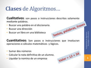 Clases de Algoritmos… 
Cualitativos: son pasos o instrucciones descritos solamente 
mediante palabras. 
• Buscar una palabra en el diccionario. 
• Buscar una dirección 
• Buscar un libro en una biblioteca 
Cuantitativos: Son pasos o instrucciones que involucran 
operaciones o cálculos matemáticos y lógicos. 
• Sumar dos números 
• Calcular la nota definitiva de un alumno. 
• Liquidar la nomina de un empresa 
Fundamentos de Algoritmia - 
Tecnología e Informática 
3 
 