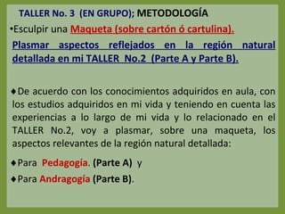 TALLER No. 3  (EN GRUPO);  METODOLOGÍA  Esculpir una  Maqueta (sobre cartón ó cartulina). Plasmar aspectos reflejados en la región natural detallada en mi TALLER  No.2  (Parte A y Parte B). De acuerdo con los conocimientos adquiridos en aula, con los estudios adquiridos en mi vida y teniendo en cuenta las experiencias a lo largo de mi vida y lo relacionado en el TALLER No.2, voy a plasmar, sobre una maqueta, los aspectos relevantes de la región natural detallada: Para  Pedagogía .  (Parte A)   y  Para  Andragogía  (Parte B) . 