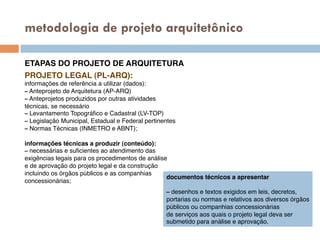 metodologia de projeto arquitetônico
ETAPAS DO PROJETO DE ARQUITETURA!
PROJETO LEGAL (PL-ARQ):!
informações de referência a utilizar (dados):!
– Anteprojeto de Arquitetura (AP-ARQ)!
– Anteprojetos produzidos por outras atividades!
técnicas, se necessário!
– Levantamento Topográﬁco e Cadastral (LV-TOP)!
– Legislação Municipal, Estadual e Federal pertinentes!
– Normas Técnicas (INMETRO e ABNT);!
!
informações técnicas a produzir (conteúdo):!
– necessárias e suﬁcientes ao atendimento das!
exigências legais para os procedimentos de análise!
e de aprovação do projeto legal e da construção!
incluindo os órgãos públicos e as companhias!
concessionárias;!
documentos técnicos a apresentar!
!
– desenhos e textos exigidos em leis, decretos,!
portarias ou normas e relativos aos diversos órgãos!
públicos ou companhias concessionárias!
de serviços aos quais o projeto legal deva ser!
submetido para análise e aprovação.!
 