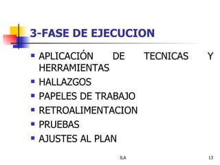 3-FASE DE EJECUCION
   APLICACIÓN    DE   TECNICAS   Y
    HERRAMIENTAS
   HALLAZGOS
   PAPELES DE TRABAJO
   RETROALIMENTACION
   PRUEBAS
   AJUSTES AL PLAN
                  JLA             13
 