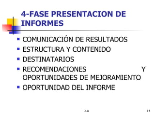 4-FASE PRESENTACION DE
    INFORMES
   COMUNICACIÓN DE RESULTADOS
   ESTRUCTURA Y CONTENIDO
   DESTINATARIOS
   RECOMENDACIONES               Y
    OPORTUNIDADES DE MEJORAMIENTO
   OPORTUNIDAD DEL INFORME


                   JLA                14
 
