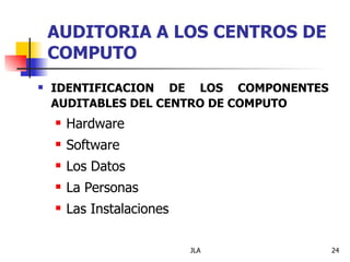 AUDITORIA A LOS CENTROS DE
    COMPUTO
   IDENTIFICACION DE LOS COMPONENTES
    AUDITABLES DEL CENTRO DE COMPUTO
       Hardware
       Software
       Los Datos
       La Personas
       Las Instalaciones

                            JLA         24
 