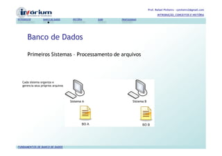 Prof. Rafael Pinheiro – rpinheiro2@gmail.com
                                                                              INTRODUÇÃO, CONCEITOS E HISTÓRIA
INTRODUÇÃO        BANCO DE DADOS     HISTÓRIA   SGBD   PROFISSIONAIS




       Banco de Dados

       Primeiros Sistemas – Processamento de arquivos




   Cada sistema organiza e
   gerencia seus próprios arquivos




FUNDAMENTOS DE BANCO DE DADOS
 