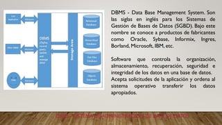 DBMS – SISTEMA DE ADMINISTRACIÓN DE BASE DE DATOS
DBMS - Data Base Management System. Son
las siglas en inglés para los Sistemas de
Gestión de Bases de Datos (SGBD). Bajo este
nombre se conoce a productos de fabricantes
como Oracle, Sybase, Informix, Ingres,
Borland, Microsoft, IBM, etc.
Software que controla la organización,
almacenamiento, recuperación, seguridad e
integridad de los datos en una base de datos.
Acepta solicitudes de la aplicación y ordena al
sistema operativo transferir los datos
apropiados.
 