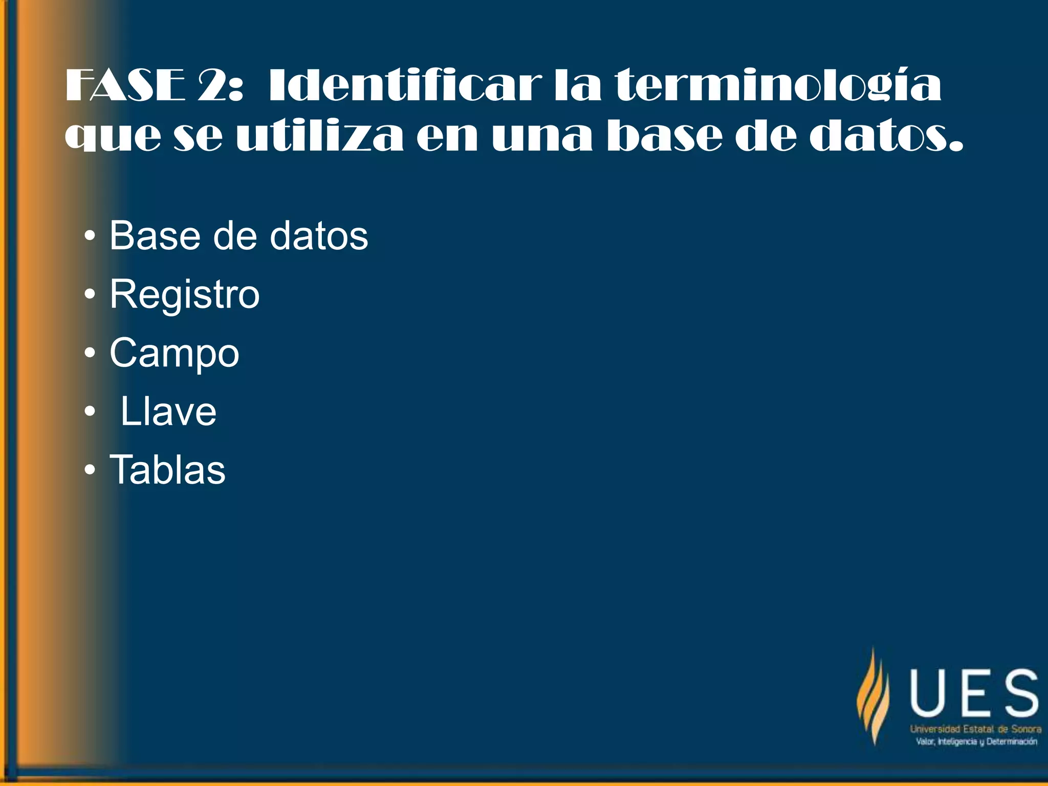 FASE 2: Identificar la terminología
que se utiliza en una base de datos.
• Base de datos
• Registro
• Campo
• Llave
• Tablas
 