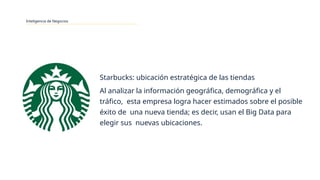 Inteligencia de Negocios
Starbucks: ubicación estratégica de las tiendas
Al analizar la información geográfica, demográfica y el
tráfico, esta empresa logra hacer estimados sobre el posible
éxito de una nueva tienda; es decir, usan el Big Data para
elegir sus nuevas ubicaciones.
 