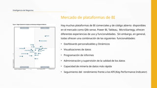 Inteligencia de Negocios
Mercado de plataformas de BI
Hay muchas plataformas de BI comerciales y de código abierto disponibles
en el mercado como Qlik sense, Power BI, Tableau, MicroStartegy, ofrecen
diferentes experiencias de uso y funcionalidades. Sin embargo, en general,
todas ofrecen una combinación de las siguientes funcionalidades:
• Dashboards personalizables y Dinámicos
• Visualizaciones de datos
• Programación de informes
• Administración y supervisión de la calidad de los datos
• Capacidad de minería de datos más rápida
• Seguimiento del rendimiento frente a los KPI (Key Performance Indicator)
 