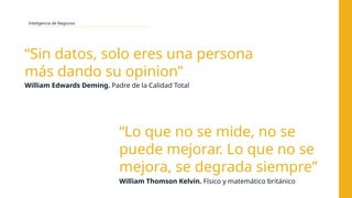 Inteligencia de Negocios
“Sin datos, solo eres una persona
más dando su opinion”
William Thomson Kelvin. Físico y matemático británico
“Lo que no se mide, no se
puede mejorar. Lo que no se
mejora, se degrada siempre”
William Edwards Deming. Padre de la Calidad Total
 