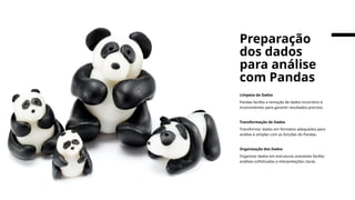 Limpeza de Dados
Pandas facilita a remoção de dados incorretos e
inconsistentes para garantir resultados precisos.
Transformação de Dados
Transformar dados em formatos adequados para
análise é simples com as funções do Pandas.
Organização dos Dados
Organizar dados em estruturas acessíveis facilita
análises sofisticadas e interpretações claras.
Preparação
dos dados
para análise
com Pandas
 