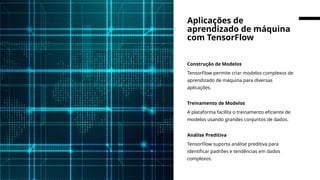Construção de Modelos
TensorFlow permite criar modelos complexos de
aprendizado de máquina para diversas
aplicações.
Treinamento de Modelos
A plataforma facilita o treinamento eficiente de
modelos usando grandes conjuntos de dados.
Análise Preditiva
TensorFlow suporta análise preditiva para
identificar padrões e tendências em dados
complexos.
Aplicações de
aprendizado de máquina
com TensorFlow
 