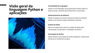 Versatilidade da Linguagem
Python é uma linguagem de programação versátil usada em
diversas áreas, incluindo desenvolvimento e automação.
Desenvolvimento de Software
Python é popular para desenvolvimento rápido de software
devido à sua sintaxe simples e bibliotecas robustas.
Análise de Dados
Python é amplamente usado em análise de dados para
manipulação, visualização e modelagem estatística.
Automação de Tarefas
Python facilita a automação de tarefas repetitivas, melhorando
eficiência em ambientes variados.
Visão geral da
linguagem Python e
aplicações
 