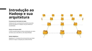 Processamento distribuído de dados
Hadoop permite o processamento paralelo de grandes
volumes de dados em múltiplos nós para eficiência e
escalabilidade.
Sistema de Arquivos HDFS
O HDFS armazena dados em blocos distribuídos por vários
servidores para redundância e alta disponibilidade.
Modelo MapReduce
MapReduce é o framework de processamento que divide
tarefas em mapas e reduções para análise eficiente.
Introdução ao
Hadoop e sua
arquitetura
 