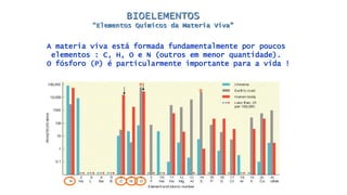 BIOELEMENTOS
“Elementos Químicos da Materia Viva”
A materia viva está formada fundamentalmente por poucos
elementos : C, H, O e N (outros em menor quantidade).
O fósforo (P) é particularmente importante para a vida !
*
*
 