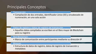 Principales Conceptos
• Compilación de dos entradas, identificador único (ID) y encabezado de
numeración, en una sola acción
Transcacción
• Aquellos datos compilados se escriben en el libro mayor de Blockchain
para su registro
Datos de registro y datos de registro de transacción
• Marco de comunicación entre participantes mediante su dirección IP
Red Blockchain
• Estructura de datos de registro, datos de registro de transacción y
metadatos
Bloques
 