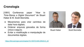 Cronologia
[1991] Conference paper “How to
Time-Stamp a Digital Document” de Stuart
Haber & W. Scott Stornetta.
● Mecanismos para criar carimbos de
data/ hora digitais;
● Ordenar arquivos gravados de forma
única e segura;
● Evitar a modificação e manipulação de
documentos digitais.
Stuart Haber Scott Stornetta
https://link.springer.com/chapter/10.1007/3-540-38424-3_32
 