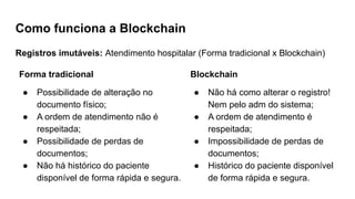 Como funciona a Blockchain
Registros imutáveis: Atendimento hospitalar (Forma tradicional x Blockchain)
Forma tradicional
● Possibilidade de alteração no
documento físico;
● A ordem de atendimento não é
respeitada;
● Possibilidade de perdas de
documentos;
● Não há histórico do paciente
disponível de forma rápida e segura.
Blockchain
● Não há como alterar o registro!
Nem pelo adm do sistema;
● A ordem de atendimento é
respeitada;
● Impossibilidade de perdas de
documentos;
● Histórico do paciente disponível
de forma rápida e segura.
 