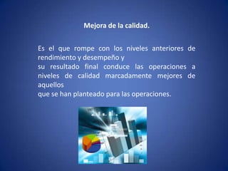 Mejora de la calidad.Es el que rompe con los niveles anteriores de rendimiento y desempeño ysu resultado final conduce las operaciones a niveles de calidad marcadamente mejores de aquellosque se han planteado para las operaciones.
