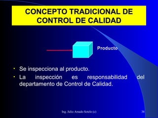 Ing. Julio Amado Sotelo (c) 38
CONCEPTO TRADICIONAL DECONCEPTO TRADICIONAL DE
CONTROL DE CALIDADCONTROL DE CALIDAD
• Se inspecciona al producto.
• La inspección es responsabilidad del
departamento de Control de Calidad.
Producto
 