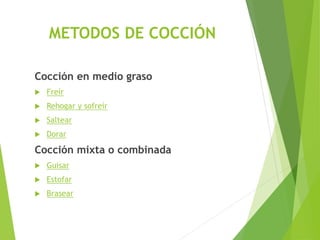 Cocción en medio graso
 Freír
 Rehogar y sofreír
 Saltear
 Dorar
Cocción mixta o combinada
 Guisar
 Estofar
 Brasear
METODOS DE COCCIÓN
 