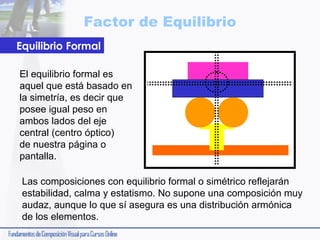 Factor de Equilibrio
Equilibrio Formal
El equilibrio formal es
aquel que está basado en
la simetría, es decir que
posee igual peso en
ambos lados del eje
central (centro óptico)
de nuestra página o
pantalla.
Las composiciones con equilibrio formal o simétrico reflejarán
estabilidad, calma y estatismo. No supone una composición muy
audaz, aunque lo que sí asegura es una distribución armónica
de los elementos.

 