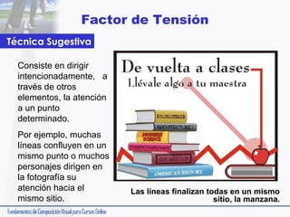 Factor de Tensión
Técnica Sugestiva
Consiste en dirigir
intencionadamente, a
través de otros
elementos, la atención
a un punto
determinado.
Por ejemplo, muchas
líneas confluyen en un
mismo punto o muchos
personajes dirigen en
la fotografía su
atención hacia el
mismo sitio.

Las líneas finalizan todas en un mismo
sitio, la manzana.

 