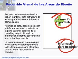 Recorrido Visual de las Areas de Diseño
Por esta razón nuestros diseños
deben mantener esta estructura de
lectura para alcanzar el éxito en la
comunicación.
Además de esto, debemos colocar
la información más importante en
la parte superior derecha de la
pantalla y seguir ubicando la
información en forma descendente
y en orden importancia.
La información que queremos que
los usuarios recuerden por sobre
todo, debemos ubicarla al final del
diseño, en el margen inferior
derecho.

 