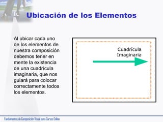 Ubicación de los Elementos
Al ubicar cada uno
de los elementos de
nuestra composición
debemos tener en
mente la existencia
de una cuadrícula
imaginaria, que nos
guiará para colocar
correctamente todos
los elementos.

Cuadrícula
Imaginaria

 