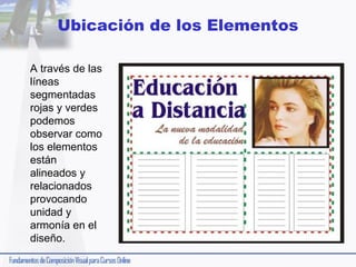 Ubicación de los Elementos
A través de las
líneas
segmentadas
rojas y verdes
podemos
observar como
los elementos
están
alineados y
relacionados
provocando
unidad y
armonía en el
diseño.

 