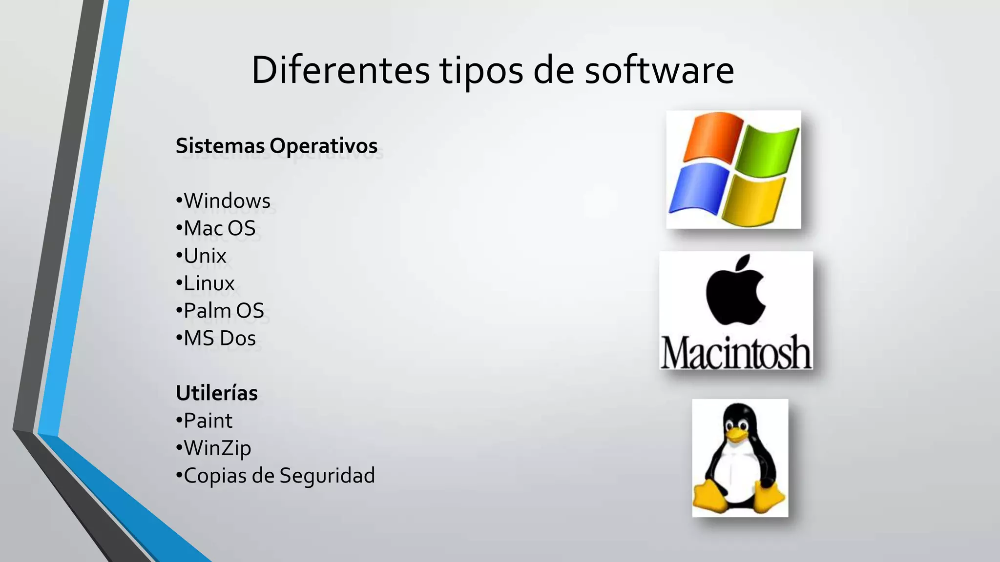 Diferentes tipos de software
Sistemas Operativos
•Windows
•Mac OS
•Unix
•Linux
•Palm OS
•MS Dos
Utilerías
•Paint
•WinZip
•Copias de Seguridad
 