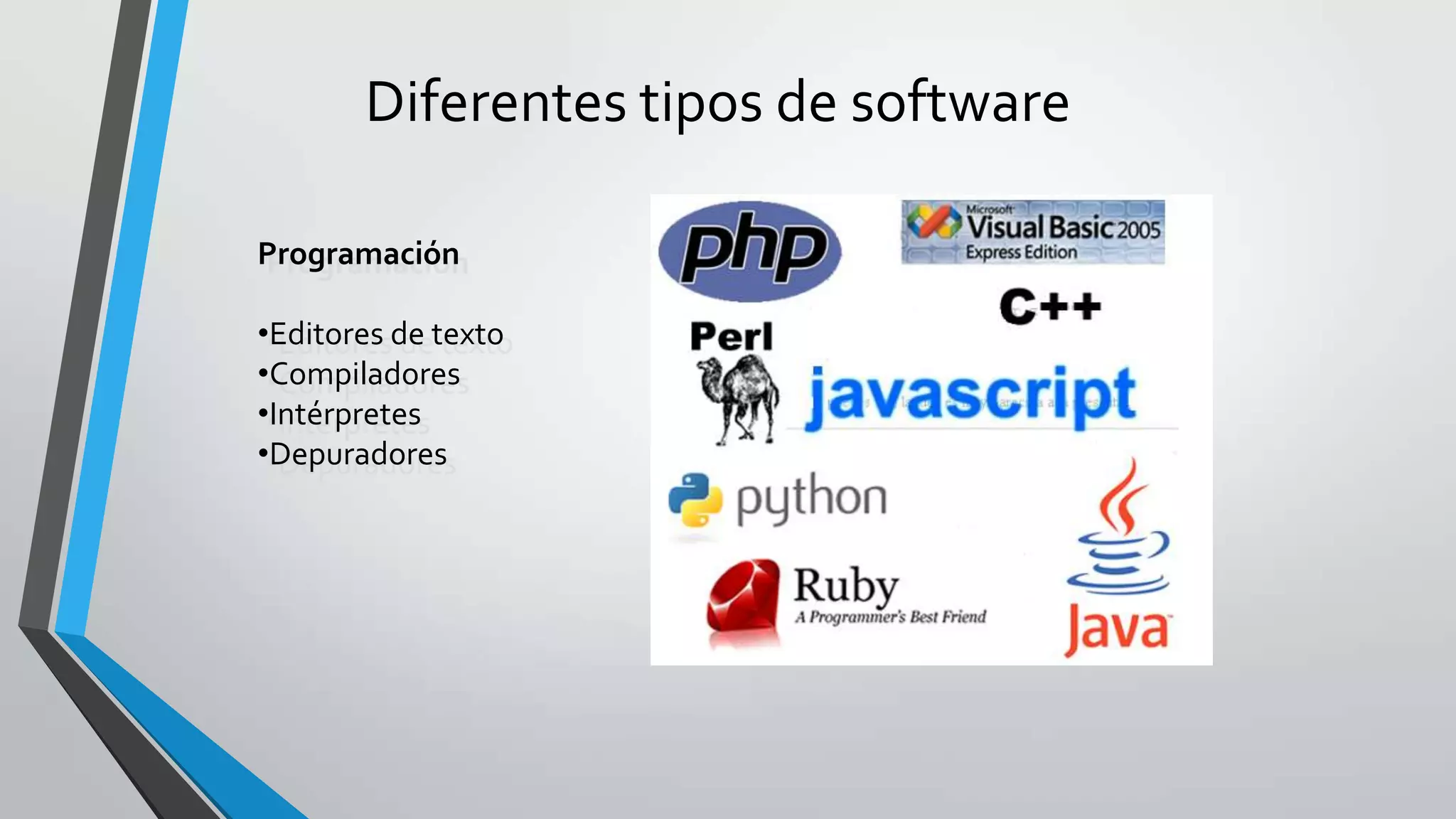 Diferentes tipos de software
Programación
•Editores de texto
•Compiladores
•Intérpretes
•Depuradores
 
