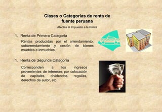 Clases o Categorías de renta de fuente peruana Afectas al Impuesto a la Renta Renta de Primera Categoría Rentas producidas por el arrendamiento, subarrendamiento y cesión de bienes muebles e inmuebles.  Renta de Segunda Categoría Corresponden a los ingresos provenientes de intereses por colocación de capitales, dividendos, regalías, derechos de autor, etc. 