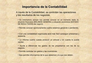Importancia de la Contabilidad A través de la Contabilidad, se controlan las operaciones y los resultados de los negocios. Es orientadora, porque nos permite conocer en un momento dado, la situación financiera (BALANCE GENERAL) y situación económica (ESTADO DE RESULTADOS) del negocio.  Nos permite informarnos de lo que debemos y lo que nos deben. Permite controlar los gastos y las inversiones. Ayuda a diferenciar los gastos de los propietarios con los de su negocio. Le informa cuánto cuesta producir un artículo y en cuanto lo puede vender. Permite conocer oportunamente cuánto estamos ganando o perdiendo. Con una contabilidad organizada será más fácil conseguir préstamos y asesoría. 
