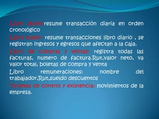 Libro diario:resume transacción diaria en orden
cronológico
Libro mayor: resume transacciones libro diario , se
registran ingresos y egresos que afectan a la caja.
Libro de compras y ventas: registra todas las
facturas, numero de factura.Rut,valor neto, va
valor total, boletas de compra y venta
Libro remuneraciones: nombre del
trabajador,Rut,sueldo descuentos
Tarjetas de control y existencia: movimientos de la
empresa.
 