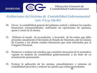 Atribuciones del Sistema de Contabilidad Gubernamental
(art. 9 Ley 126-01)
10.

Llevar la contabilidad general del gobierno central y elaborar los estados
financieros correspondientes, realizando las operaciones de apertura,
ajuste y cierre de la misma.

11.

Elaborar el estado de recaudación e inversión de las rentas que debe
presentar anualmente el Secretario de Estado de Hacienda ante la Cámara
de Cuentas y los demás estados financieros que sean solicitados por el
Congreso Nacional.

12.

Promover o realizar los estudios que considere necesarios de la normativa
vigente en materia de contabilidad gubernamental, a los fines de su
actualización permanente.

13.

Evaluar la aplicación de las normas, procedimientos y sistemas de
contabilidad prescritos y ordenar los ajustes que estime procedentes.
15

 