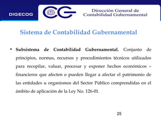 Sistema de Contabilidad Gubernamental
• Subsistema

de

Contabilidad

Gubernamental.

Conjunto

de

principios, normas, recursos y procedimientos técnicos utilizados
para recopilar, valuar, procesar y exponer hechos económicos –
financieros que afecten o pueden llegar a afectar el patrimonio de
las entidades u organismos del Sector Público comprendidas en el
ámbito de aplicación de la Ley No. 126-01.

25

 