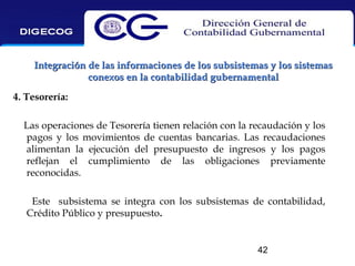 Integración de las informaciones de los subsistemas y los sistemas
conexos en la contabilidad gubernamental
4. Tesorería:
Las operaciones de Tesorería tienen relación con la recaudación y los
pagos y los movimientos de cuentas bancarias. Las recaudaciones
alimentan la ejecución del presupuesto de ingresos y los pagos
reflejan el cumplimiento de las obligaciones previamente
reconocidas.
Este subsistema se integra con los subsistemas de contabilidad,
Crédito Público y presupuesto.

42

 