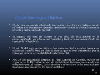 Plan de Cuentas y su Objetivo


El plan de cuentas es la relación de las cuentas contables y sus códigos, donde
se realiza una descripción operativa indicando cuándo se debita, cuándo se
acredita y cuál es su saldo normal.



El objetivo del plan de cuentas es que sirva de guía general en la
conformación de los subsistemas contables y facilitar la consolidación de las
cuentas de la República.



El art. 21 del reglamento estipula: No serán aceptados estados financieros
elaborados sobre la base de plan de cuentas que no sean autorizados por la
Dirección General de Contabilidad Gubernamental.



Art. 38 del reglamento estipula: El Plan General de Cuentas, puesto en
vigencia por la Dirección General de Contabilidad Gubernamental es de uso
obligatorio para el registro, la clasificación e información de las transacciones
financieras efectuadas por los Entes Contables.
31
31

 