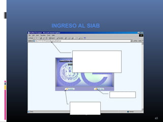 INGRESO AL SIAB

Inserte la dirección “IP”, Nombre de la PC o
Nombre del computador donde se instaló la
aplicación,
seguida
del
directorio
“activosfijos”, para mostrar la pantalla
inicial del Sistema de Administración de
Bienes.
Luego pulse “Aceptar”.

Pulse
para
Sistema.

salir

del

Botón que permite acceder al
sistema,
al
presionarlo
presenta la pantalla de login,
donde se registra el Usuario y
Clave para el ingreso.

65

 