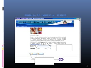 PANTALLA DE INGRESO AL SISTEMA

Campos para registrar el
nombre del Usuario y la
contraseña requerida para
ingresar al sistema.

Presione Aceptar para validar el
nombre de Usuario y Contraseña
e Ingresar al menú principal.

66

 