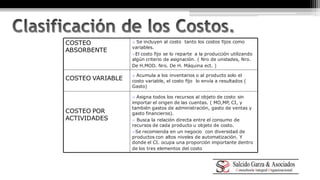 Asigna todos los recursos al objeto de costo sin 
importar el origen de las cuentas. ( MO,MP, CI, y 
también gastos de administración, gasto de ventas y 
gasto financieros). 
 Busca la relación directa entre el consumo de 
recursos de cada producto u objeto de costo. 
Se recomienda en un negocio con diversidad de 
productos con altos niveles de automatización. Y 
donde el CI. ocupa una proporción importante dentro 
de los tres elementos del costo 
COSTEO POR 
ACTIVIDADES 
 Acumula a los inventarios o al producto solo el 
costo variable, el costo fijo lo envía a resultados ( 
Gasto) 
COSTEO VARIABLE 
 Se incluyen al costo tanto los costos fijos como 
variables. 
El costo fijo se lo reparte a la producción utilizando 
algún criterio de asignación. ( Nro de unidades, Nro. 
De H.MOD. Nro. De H. Máquina ect. ) 
COSTEO 
ABSORBENTE 
 