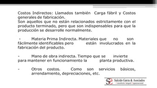Costos Indirectos: Llamados también Carga fábril y Costos 
generales de fabricación. 
Son aquellos que no están relacionados estrictamente con el 
producto terminado, pero que son indispensables para que la 
producción se desarrolle normalmente. 
- Materia Prima Indirecta. Materiales que no son 
fácilmente identificables pero están involucrados en la 
fabricación del producto. 
- Mano de obra indirecta. Tiempo que se invierte 
para mantener en funcionamiento la planta productiva. 
- Otros costos. Como son servicios básicos, 
arrendamiento, depreciaciones, etc. 
 