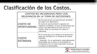 COSTOS NO INCURRIDOS PERO CON 
RELEVANCIA EN LA TOMA DE DECISIONES. 
Es el costo al que se renuncia por el hecho 
de elegir una alternativa. 
El costo de oportunidad no aparece en 
registros contables, ya que al desecharse por 
tomar una alternativa el costo ya no se 
realiza. Este se convierte en costo no 
relevante. 
COSTO DE 
OPORTUNIDAD. 
Es el costo que se le asigna a la producción 
para ser utilizado en un sistema de costos 
estándar. 
- Estándar: Es un parámetro razonablemente 
alcanzable que se fija con la finalidad de 
compararlo con el costo realmente incurrido 
y evaluar el desempeño. 
COSTO 
ESTÁNDAR 
 