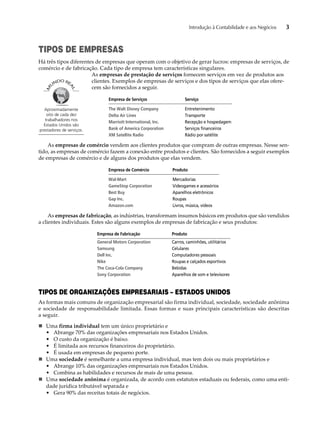 Introdução à Contabilidade e aos Negócios 3 
TIPOS DE EMPRESAS 
Há três tipos diferentes de empresas que operam com o objetivo de gerar lucros: empresas de serviços, de 
comércio e de fabricação. Cada tipo de empresa tem características singulares. 
As empresas de prestação de serviços fornecem serviços em vez de produtos aos 
clientes. Exemplos de empresas de serviços e dos tipos de serviços que elas ofere-cem 
são fornecidos a seguir. 
Empresa de Serviços Serviço 
The Walt Disney Company Entretenimento 
Delta Air Lines Transporte 
Marriott International, Inc. Recepção e hospedagem 
Bank of America Corporation Serviços financeiros 
XM Satellite Radio Rádio por satélite 
Aproximadamente 
oito de cada dez 
trabalhadores nos 
Estados Unidos são 
prestadores de serviços. 
As empresas de comércio vendem aos clientes produtos que compram de outras empresas. Nesse sen-tido, 
as empresas de comércio fazem a conexão entre produtos e clientes. São fornecidos a seguir exemplos 
de empresas de comércio e de alguns dos produtos que elas vendem. 
Empresa de Comércio Produto 
Wal-Mart Mercadorias 
GameStop Corporation Videogames e acessórios 
Best Buy Aparelhos eletrônicos 
Gap Inc. Roupas 
Amazon.com Livros, música, vídeos 
As empresas de fabricação, as indústrias, transformam insumos básicos em produtos que são vendidos 
a clientes individuais. Estes são alguns exemplos de empresas de fabricação e seus produtos: 
Empresa de Fabricação Produto 
General Motors Corporation Carros, caminhões, utilitários 
Samsung Celulares 
Dell Inc. Computadores pessoais 
Nike Roupas e calçados esportivos 
The Coca-Cola Company Bebidas 
Sony Corporation Aparelhos de som e televisores 
TIPOS DE ORGANIZAÇÕES EMPRESARIAIS – ESTADOS UNIDOS 
As formas mais comuns de organização empresarial são firma individual, sociedade, sociedade anônima 
e sociedade de responsabilidade limitada. Essas formas e suas principais características são descritas 
a seguir. 
„ Uma firma individual tem um único proprietário e 
• Abrange 70% das organizações empresariais nos Estados Unidos. 
• O custo da organização é baixo. 
• É limitada aos recursos financeiros do proprietário. 
• É usada em empresas de pequeno porte. 
„ Uma sociedade é semelhante a uma empresa individual, mas tem dois ou mais proprietários e 
• Abrange 10% das organizações empresariais nos Estados Unidos. 
• Combina as habilidades e recursos de mais de uma pessoa. 
„ Uma sociedade anônima é organizada, de acordo com estatutos estaduais ou federais, como uma enti-dade 
jurídica tributável separada e 
• Gera 90% das receitas totais de negócios. 
 