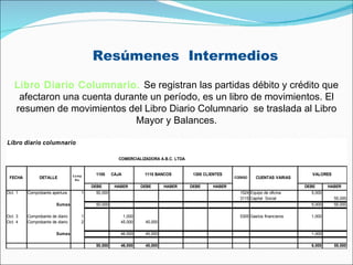 Resúmenes  Intermedios Libro Diario Columnario.   Se registran las partidas débito y crédito que afectaron una cuenta durante un período, es un libro de movimientos. El resumen de movimientos del Libro Diario Columnario  se traslada al Libro Mayor y Balances. 